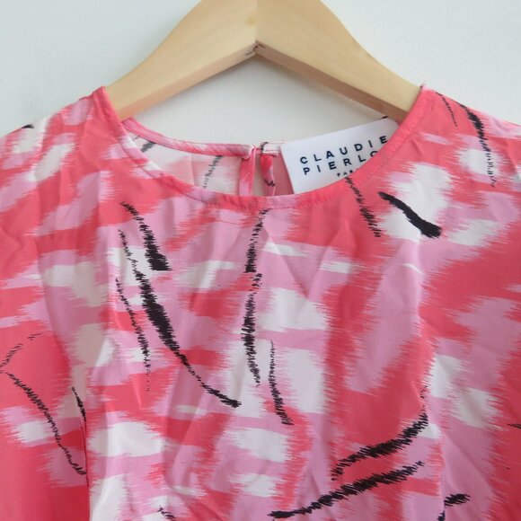 CLAUDIE PIERLOT Rabanel 100% Silk Crepe De Chine Abstract Print Ruffle Dress NWT - Picture 8 of 15